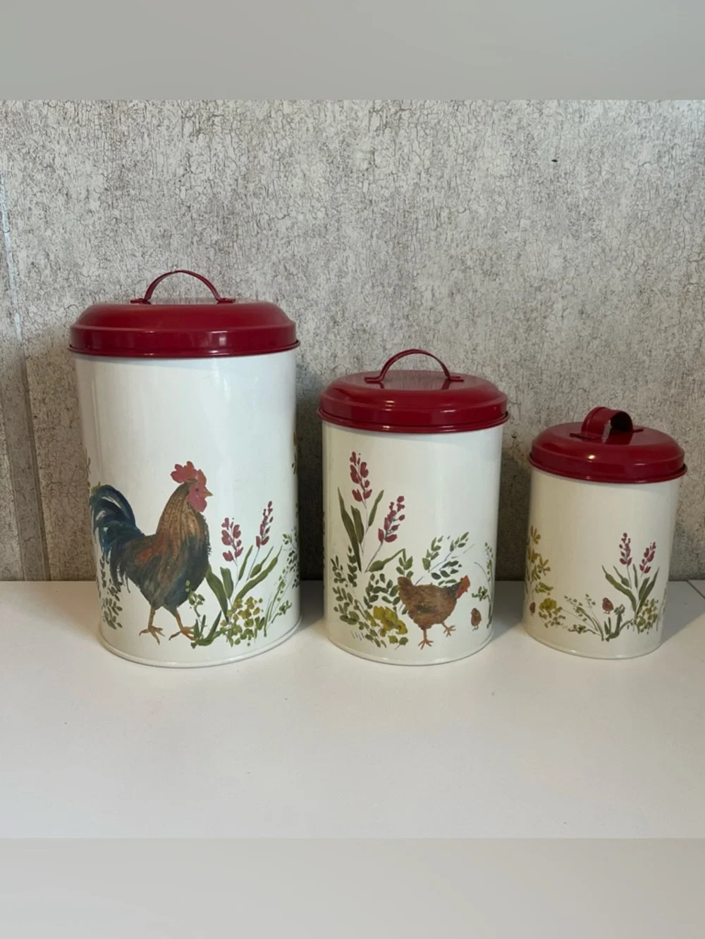 Paula Deen Garden Rooster Tin Canister Set of 3 Beige Pantry New No Packaging - Picture 1 of 8